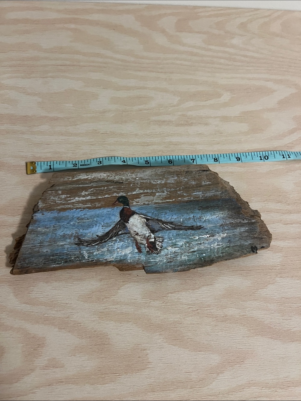 Source Unknown Duck Painting on Driftwood in Blue, Brown, White